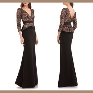 NWT‎ $288 JS COLLECTIONS Lace & Crepe Peplum Gown Black/Nude [SZ 4 ]